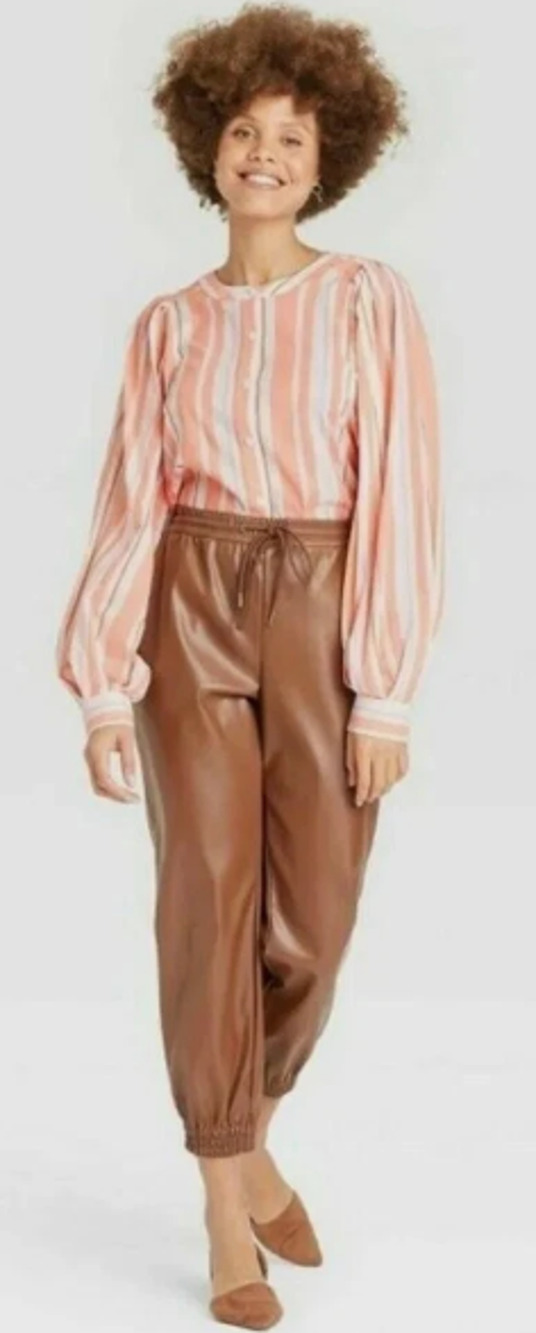 A New Day Striped Balloon Sleeve Button Up Blouse Coral Orange White Small 2-8